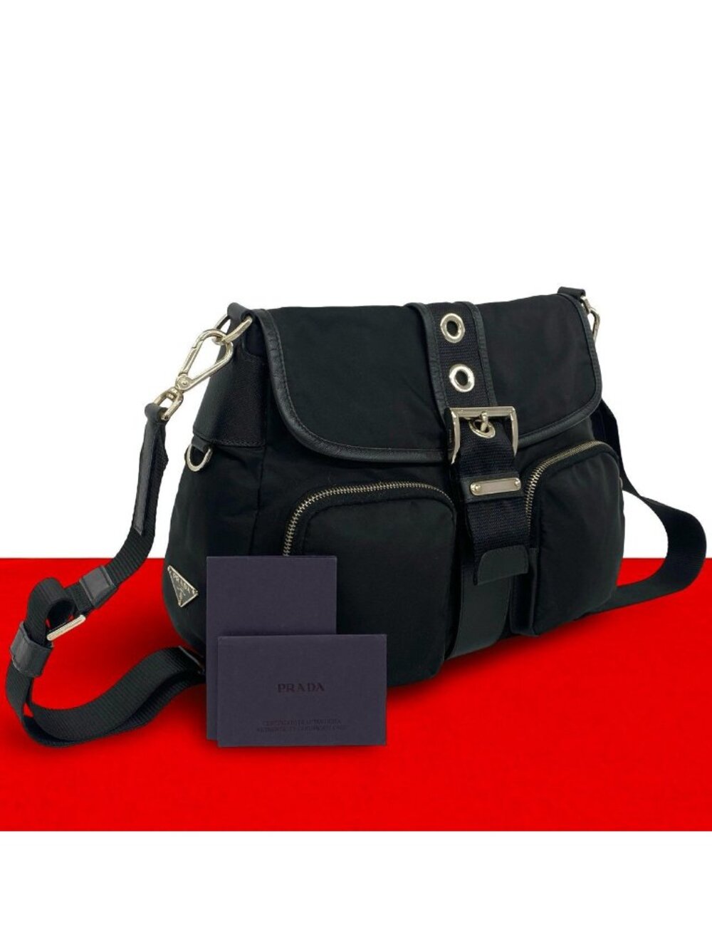 Prada Triangle Logo Tessuto Nylon Saffiano Leather Shoulder Bag Cross Black